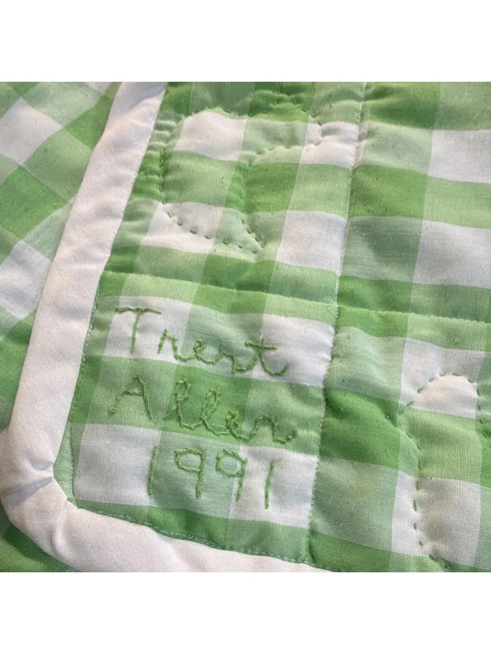 Vintage Handmade Crib Quilt Green & White Gingham Duck Appliqué Quilted 1991
